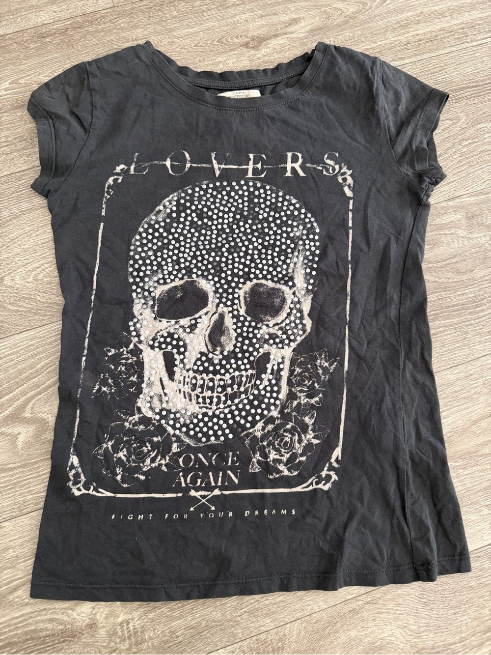 Zara Black Short-Sleeve Skull Graphic Tee with White Print